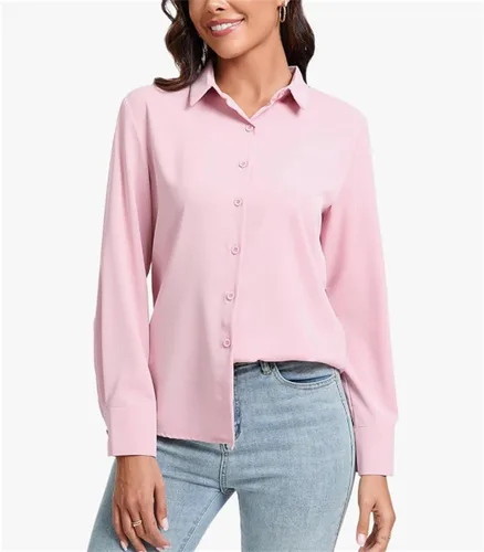 Vista 3 de Camisas con botones para mujer, ajuste delgado, manga larga, elástica, para negocios, casual, de manga larga