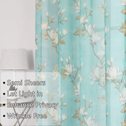 Vista 6 de SMILE WEAVER 2 paneles de cortinas traslúcidas turquesa de 45 pulgadas de largo, para sala de estar, cortinas semitransparentes florales