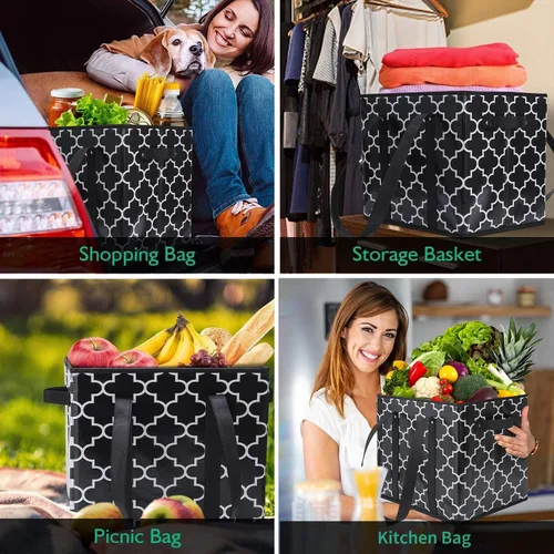 Vista 2 de Bolsas reutilizables para comestibles, paquete de 2 unidades, plegable, lavable, cesta de almacenamiento grande, color negro Contenedores