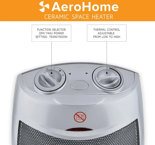 Vista 3 de AeroHome Calentador eléctrico portátil de cerámica de 1500 W / 750 W, calentador eléctrico para interiores con protección contra sobrecalentamiento