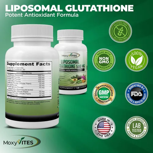 Vista 6 de Suplemento de glutatión liposomal de 500 mg – L glutatión puro (GSH) reducido – Forma activa, hecho con alimentos integrales orgánicos, complejo