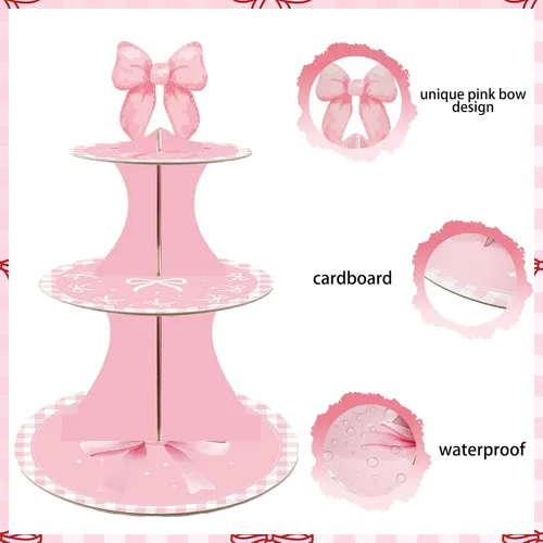 Vista 3 de Soporte redondo de 3 niveles para cupcakes con diseño de lazo rosa, capacidad para 8-12 cupcakes, impermeable y reutilizable, fácil de montar, ideal
