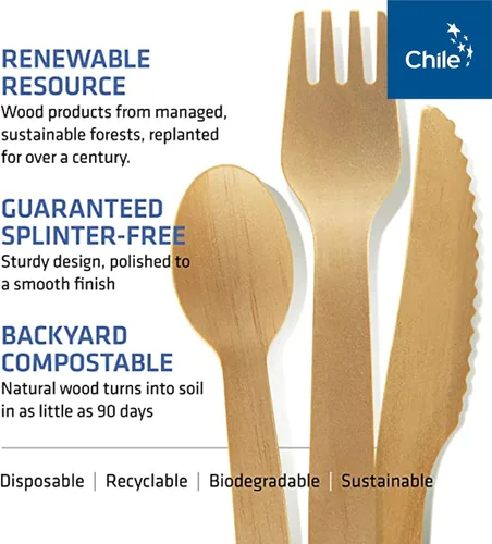 Vista 3 de Juego de cubiertos de madera desechables – 100% compostable para el hogar – 100 tenedores de 6.5 pulgadas, utensilios de bambú alternativos