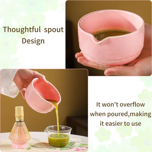 Vista 4 de Juego de matcha, 8 piezas de cerámica Matcha Bowl & Whisk Kit con patrón de setas, chawan japonés tradicional, persecución de bambú, cuchara