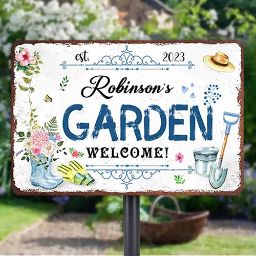Vista 7 de Letreros de metal personalizados con nombre hechos en Estados Unidos, letrero de jardín vintage personalizado, impermeable, vintage, impresión