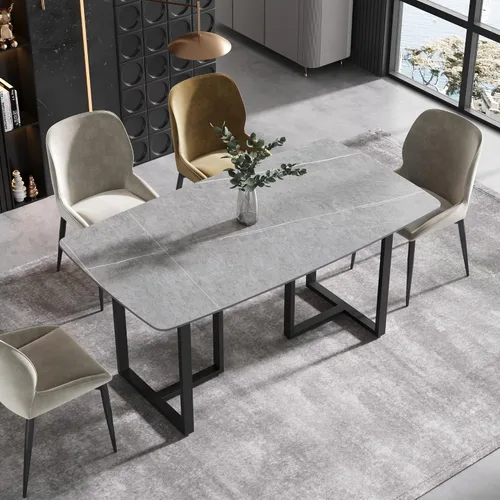 Vista 12 de Mesa de comedor moderna, mesa de comedor de piedra sinterizada blanca antigua con patas de mesa de acero al carbono negro, mesa de comedor Blanco