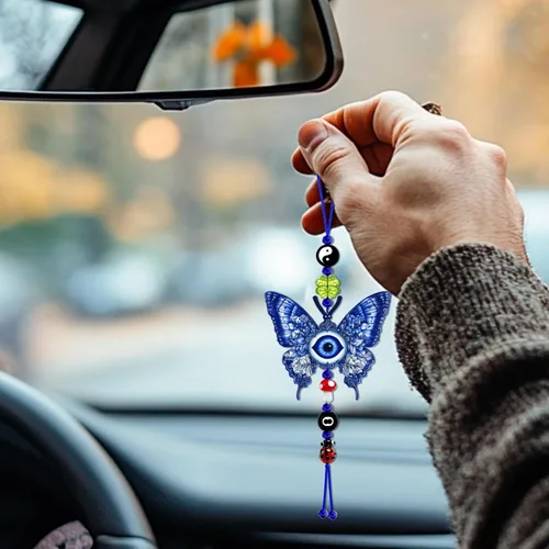 Vista 2 de Adorno colgante de auto de mal de ojo, dije de buenos días de la suerte, 8 bolas, hongo, trébol de cuatro hojas, mariquita, símbolo Yin Yang