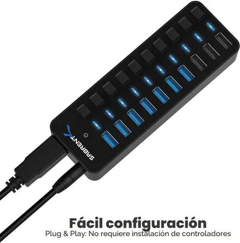 Vista 6 de SABRENT Hub USB 3.0 alimentado de 10 puertos, 3 puertos de carga, 60 W