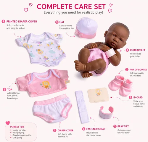 Vista 4 de JC Toys - Juego de regalo de 8 piezas de muñeca bebé Layette La Newborn Nursery Muñeca recién nacida afroamericana realista de 14 pulgadas