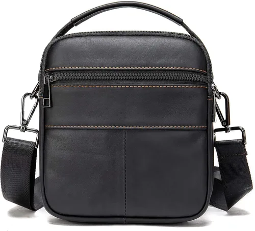 Vista 2 de Monederos y bolsos para hombre, pequeño, mini bolso de hombro de cuero genuino para hombres con muchos bolsillos con cremallera