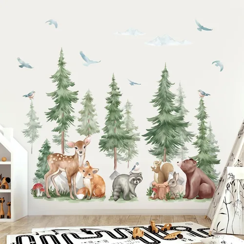 Vista 3 de Wondever Adhesivos de pared de árbol de montaña, árbol grande de pino, pegatinas de pared de arte con animales del bosque, oso, zorro, quitar
