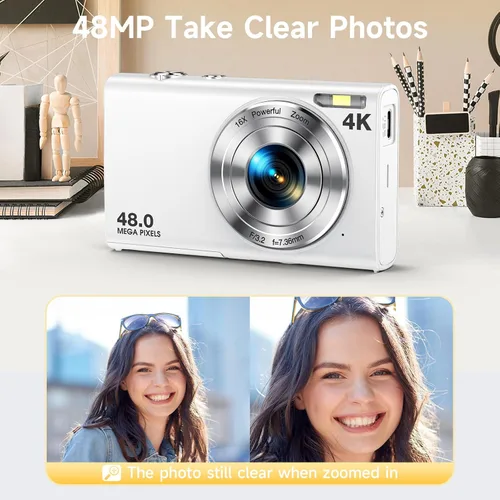 Vista 4 de Cámara digital, enfoque automático de 48 megapíxeles UHD 4K para videoblogs, zoom digital 16X, cámara digital compacta portátil de apuntar