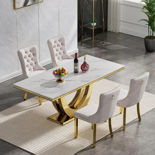 Vista 2 de SSLine Juego de mesa de comedor de mármol sintético blanco de 68 pulgadas