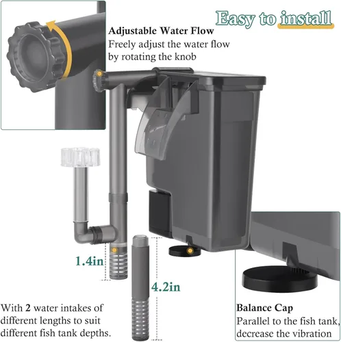 Vista 6 de Filtro de acuario para colgar de 5 W: filtro ultra silencioso para tanque de peces de 124 GPH con esponja de filtro y carbón activado, filtro