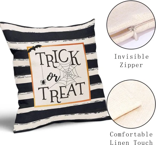 Vista 2 de Kawani Juego de 2 fundas de almohada de Halloween con diseño de truco o trato de 16 x 16 pulgadas, diseño de rayas blancas y negras, fundas