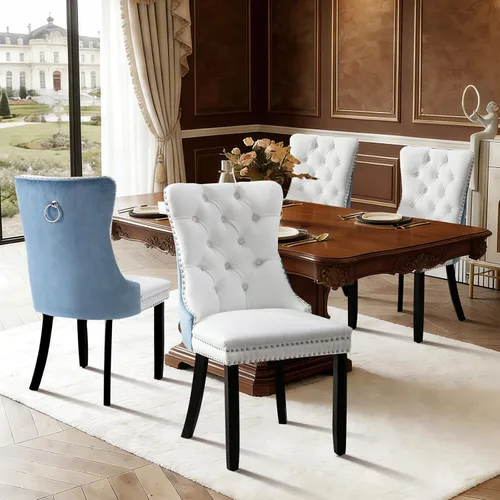 Vista 108 de Juego de 2 sillas de comedor de terciopelo con patas de madera, color beige Mid Century Modern Dining Chairs,Upholstered Chairs with Nailhead