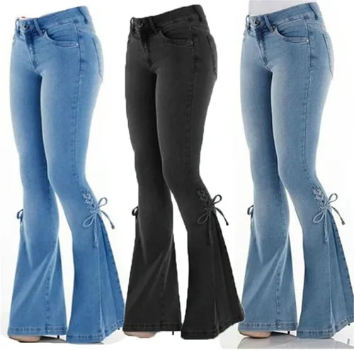 Vista 6 de Andongnywell - Pantalones de mezclilla acampanados con cordones para mujer, cintura media, pierna ancha, corte de bota, pantalones de mezclilla