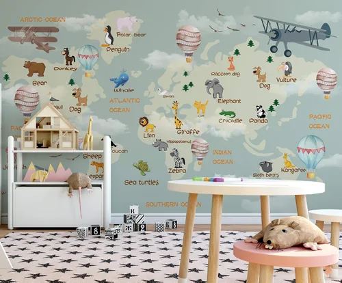 Vista 3 de Murwall Nursery Wallpaper For Kids World Map Wall Mural Cartoon Animals and Hot Air Balloon Wall Print Children Rooms Boys Girls Bedroom Play Room