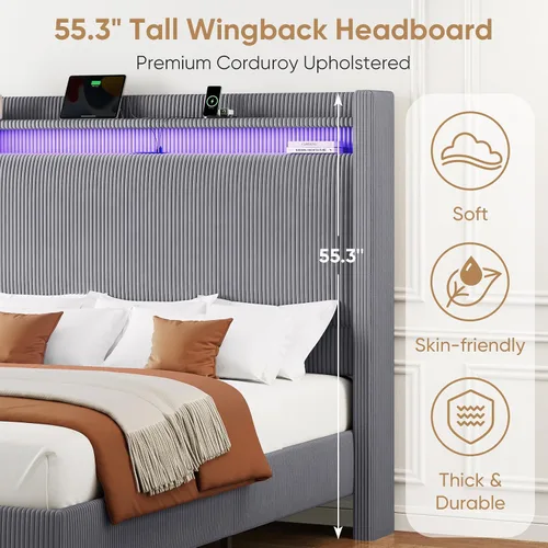Vista 3 de Base de cama matrimonial con cabecera de 55.3 pulgadas de alto, plataforma tapizada de pana con luces LED y estación de carga, cabecera