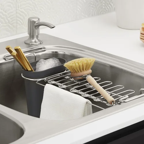 Vista 2 de Kohler K-5473-CHR - Estante de secado multiusos para colocar sobre el fregadero, con soporte para toallero de cocina, taza de remojo. Ampliable