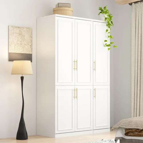 Vista 11 de WOODTIME Armario con barra para colgar, 3 cajones enmarcados y 2 puertas de cristal, armario de madera moderno, organizador de armario