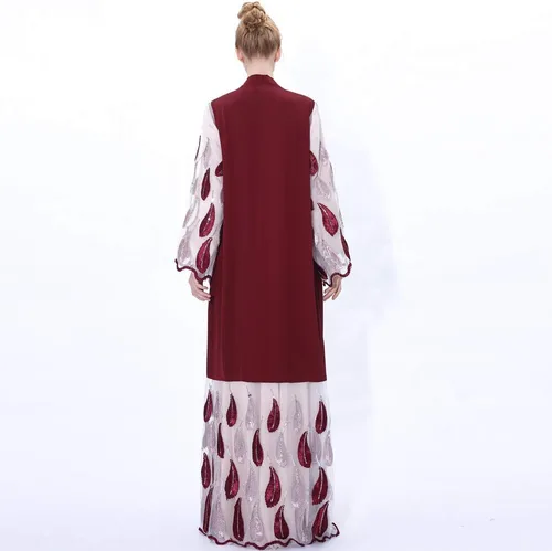 Vista 4 de Vestido musulmán para mujer de encaje recortado Abaya botón frontal musulmán Maxi Kaftan Kimono