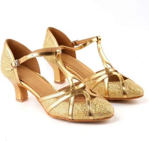 Vista 2 de Hbeylia Vintage Dress Pump Sandals Shoes for Women Ladies Glitter Sequin Round Toe Chunky Mid Heels Cross Ankle Strap Dressy Ballet Flats Retro