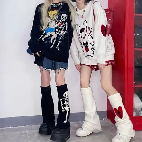 Vista 3 de Gótico Acubi Calentadores De Pierna Grunge Lolita Invierno Cuff Harajuku Y2K Rodilla Alta Calcetines De Punto Japonés Preppy Leggings Polainas