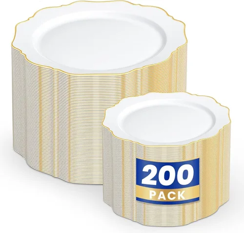 Vista 21 de WDF 100 piezas de platos de plástico azul - Platos desechables azul claro - Platos de plástico con borde festoneado resistente