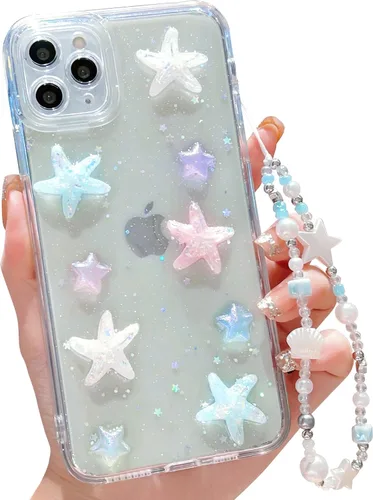 Vista 49 de Compatible con iPhone 11 Pro Funda Transparente Bonita con Diseño de Estrella con Purpurina en 3D con Perlas y Pulsera de Perlas, Diseño de Cadena