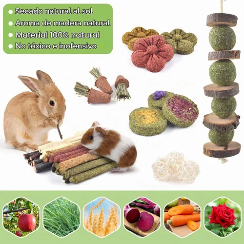 Vista 3 de ERKOON 42 juguetes masticables de conejo, pasteles de hierba de Timothy natural, juguetes de conejillo de indias, golosinas para moler dientes