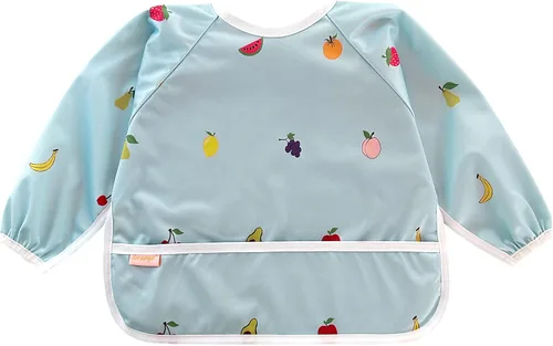 Vista 10 de Babero de manga larga impermeable - Baberos lavables a máquina para comer - Babero para bebé para niños pequeños - Suministros BLW para bebé Celeste