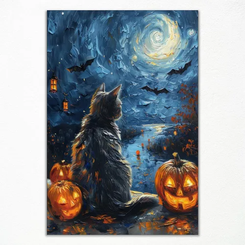 Vista 19 de Póster de fantasma y gato negro en la bañera, arte de pared en lienzo de Halloween de Whimsigoth, pintura de fantasmas y flores, imagen espeluznante