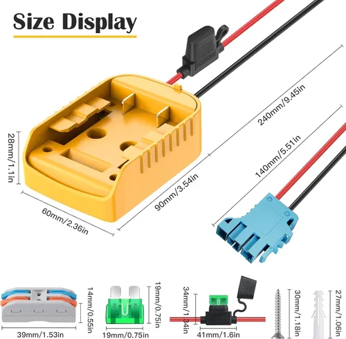 Vista 13 de Adaptador de ruedas eléctricas para Dewalt Adaptador de batería de 20 V, kit de convertidor de batería con fusible, interruptor y conector de arnés