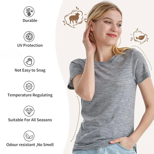 Vista 2 de Merino Protect Camisetas 100% de lana merino para mujer, cuello redondo, manga corta, resistencia al olor, capa base, viajes, senderismo, camiseta