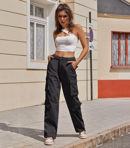 Vista 3 de ZMPSIISA Pantalones de mujer de cintura alta, pantalones cargo militares de pierna ancha, pantalones casuales de 8 bolsillos