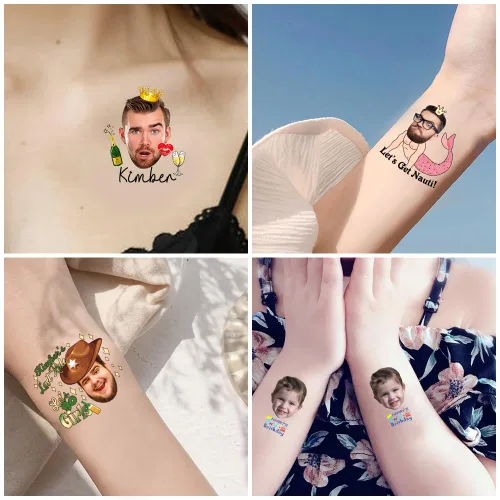 Vista 4 de InterestPrint Tatuajes temporales personalizados de despedida de soltera con foto de texto, tatuaje de cara de bola de discoteca, tatuaje de novia
