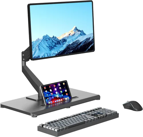 Vista 9 de Pholiten Brazos de Monitor Dobles Ajustables con Resorte de Gas para Pantallas de 17-32 Pulgadas, Soporte de Monitor VESA Dual Neumático con Base