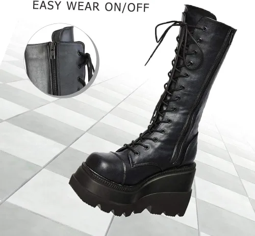 Vista 6 de CELNEPHO - Botas para mujer, estilo de combate, punk, de plataforma alta, hasta mitad de la pantorrilla, de cuña, con tacones altos y gruesos