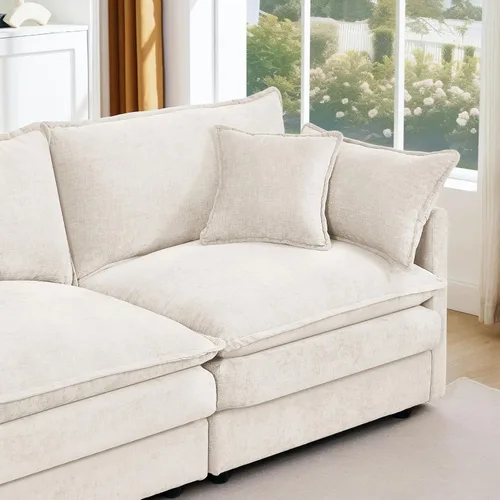 Vista 9 de Sofá modular beige en forma de L, moderno sofá convertible en forma de L de 3 plazas de chenilla suave, cómodo tapizado con juego otomano extraíble