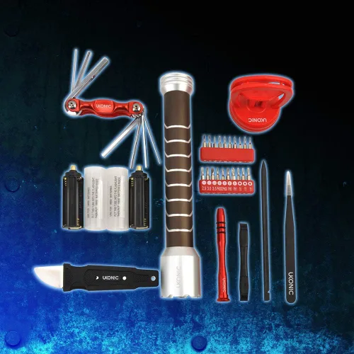 Vista 5 de Caja de herramientas, linterna y electrónica con diseño de martillo de Thor de Marvel, kit de 28 piezas con llave inglesa