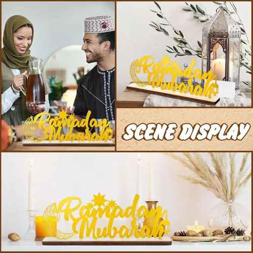 Vista 6 de Landhoow Letrero de Eid Mubarak para decoración de mesa de Ramadán de 12.99 x 4.72 pulgadas, letrero de Ramadán Kareem, decoración de letras