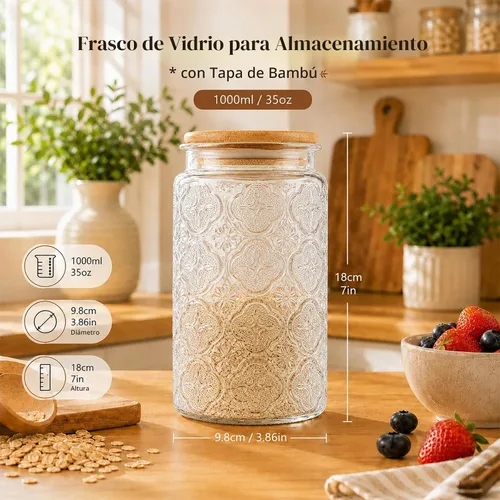 Vista 2 de Custde Tarros de almacenamiento de vidrio con tapa hermética, recipiente de 35 onzas para encimera de cocina con tapa de bambú, azúcar morena