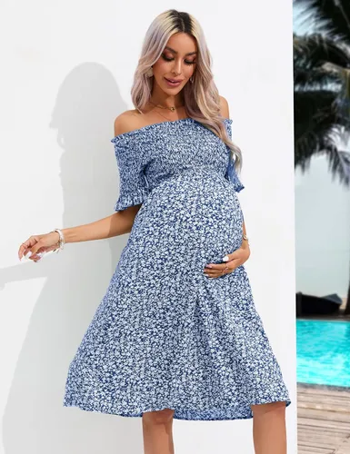 Vista 5 de KOJOOIN Women's Maternity Short Sleeve Summer Midi Dress Off Shoulder Smocked Spring Casual Boho Dress Baby Shower Photoshoot