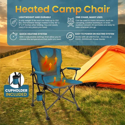Vista 4 de Backyard Expressions - Silla de campamento portátil con calefacción de lujo, azul/gris, ideal para camping, deportes y playa
