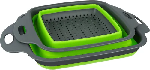 Vista 9 de AUAUY Juego de 2 coladores plegables, colador plegable cuadrado de silicona con asas de plástico, colador de cocina ecológico con agujeros grandes