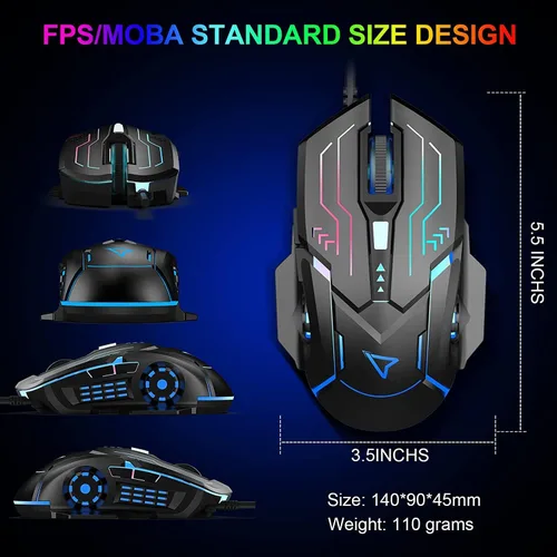 Vista 4 de GK-XLI Mouse para juegos con cable, RGB para computadora con cable USB con modo de retroiluminación Chroma, mouse ergonómico DPI ajustable de alta