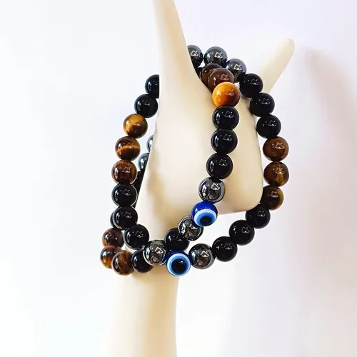 Vista 80 de Pulseras de triple protección con piedra de ojo de tigre de obsidiana negra con hematita para hombres y mujeres, pulsera de piedra curativa