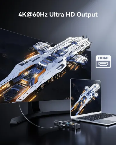 Vista 3 de DOCKCASE Explorer Edition Visual Smart USB C Hub (6 en 1) con puerto HDMI 4K a 60 Hz, Gigabit Ethernet, USB-C y 2 puertos de datos USB-A de 5 Gbps