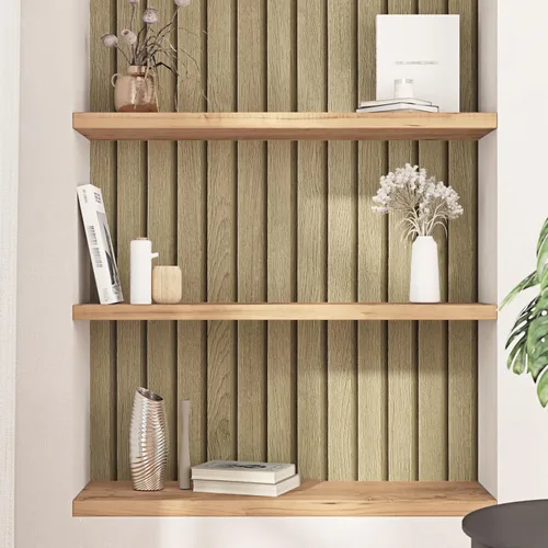 Vista 5 de Papel tapiz de listones de madera marrón claro, paneles de madera autoadhesivos, papel tapiz de rayas de grano de madera sintético, papel de 1